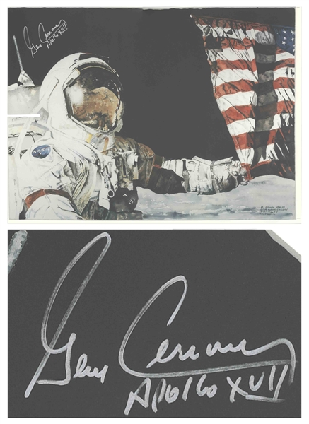 Gene Cernan Signed Moon Landing Artwork -- As Commander of the Apollo 17 Mission, Cernan Was the Last Man to Walk on the Moon -- With Novaspace COA